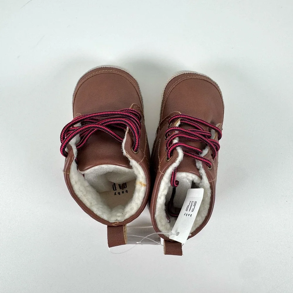 Baby Gap Booties Kids 12-18m Brown Faux Leather Faux Fur Lined Winter Boots